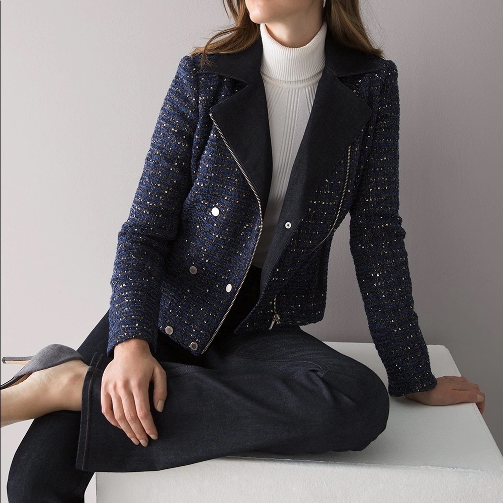sequin tweed moto in navy
